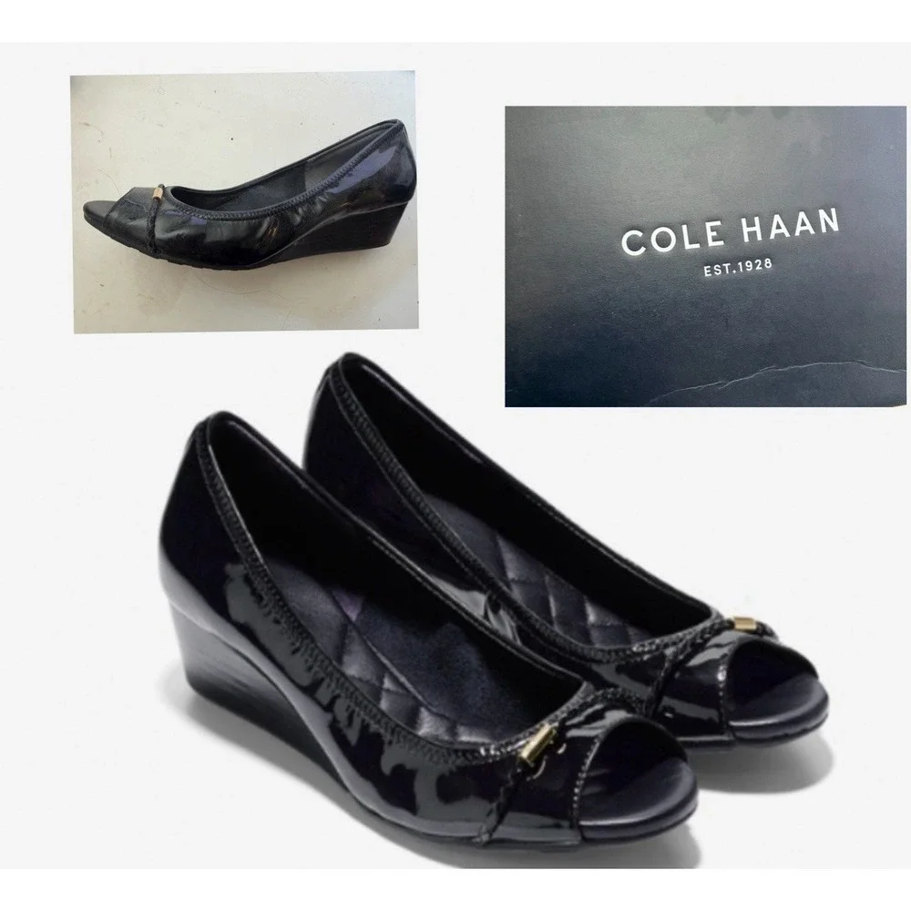 Cole Haan Black Patent Leather Air Tali Peep Toe Wedge Pumps Gold Hardware